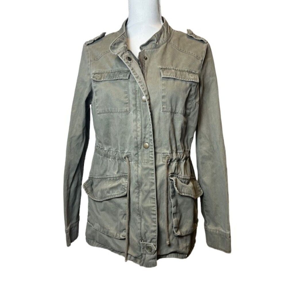 Per Se Cotton Utility Jacket Women's Khaki Green Olive Drawstring Pockets Medium
